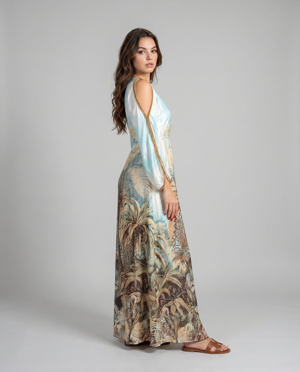 Jungle Print Silk Dress with Gold Crystals