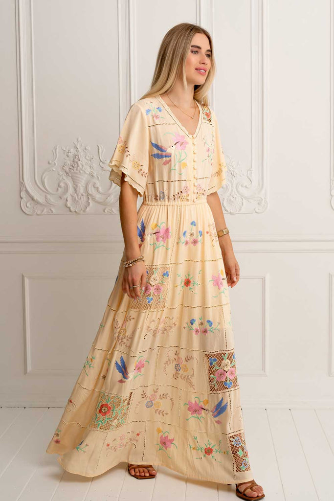 hummingbird maxi dress Vintage Hummingbird Maxi Dress: Cottagecore Floral Sundress
