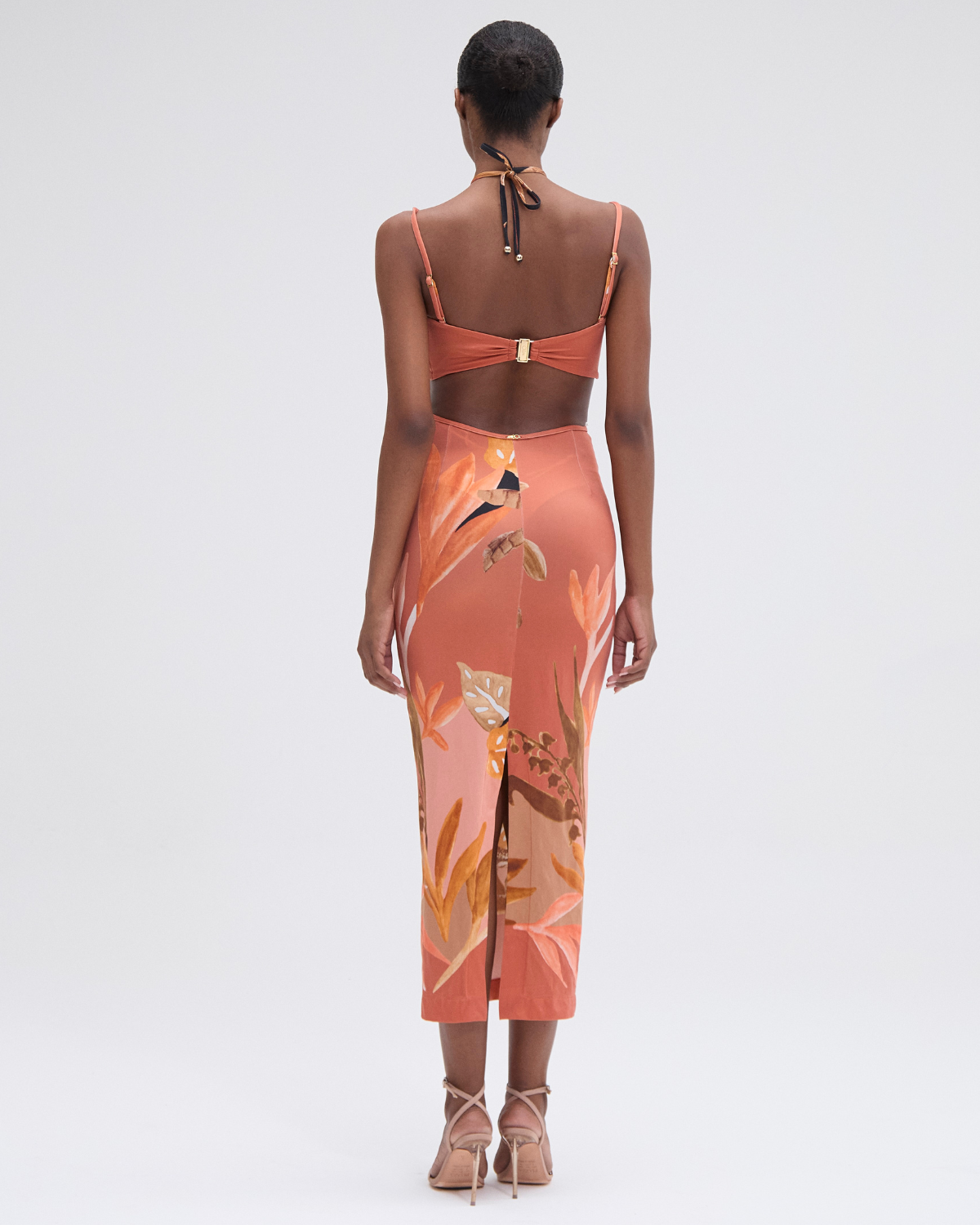 patbo orange dress Satin sunset midi dress with braided corset