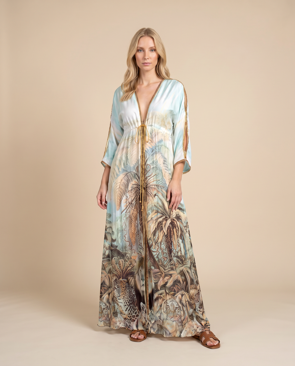 Jungle Print Silk Dress with Gold Crystals