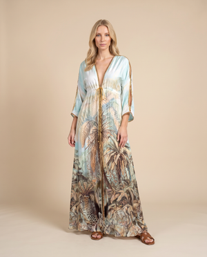 Jungle Print Silk Dress with Gold Crystals