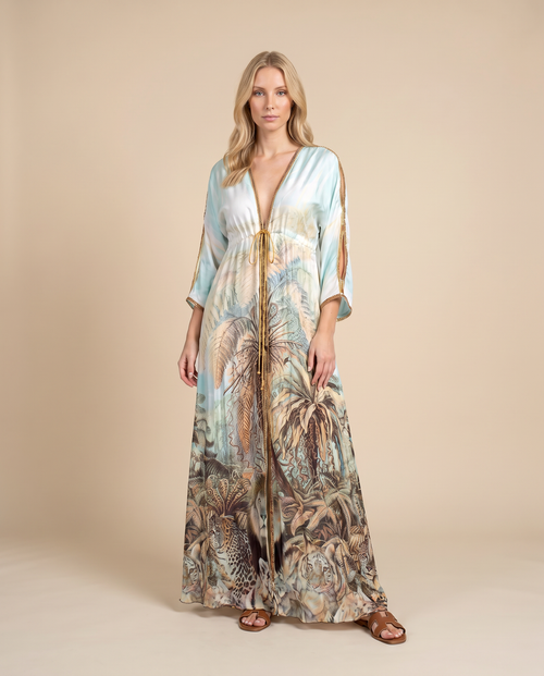 Jungle Print Silk Dress with Gold Crystals