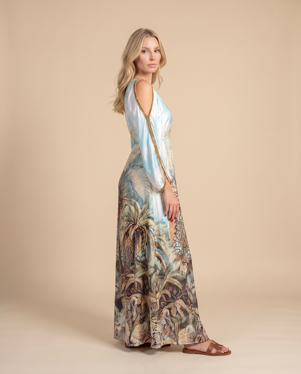 Jungle Print Silk Dress with Gold Crystals
