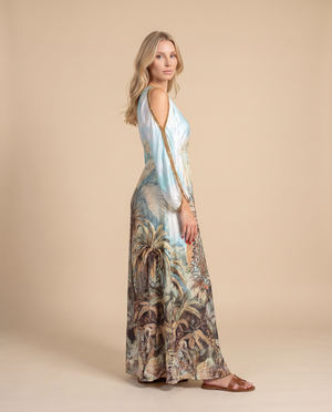 Jungle Print Silk Dress with Gold Crystals