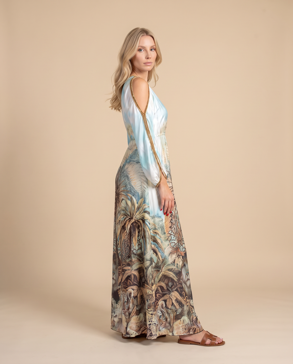 Jungle Print Silk Dress with Gold Crystals