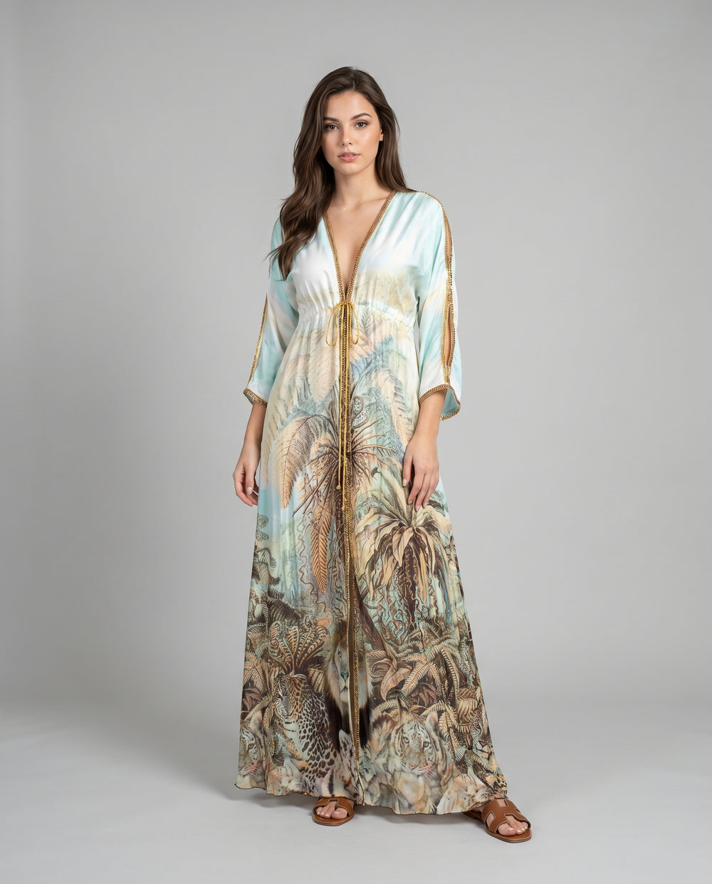 Jungle Print Silk Dress with Gold Crystals