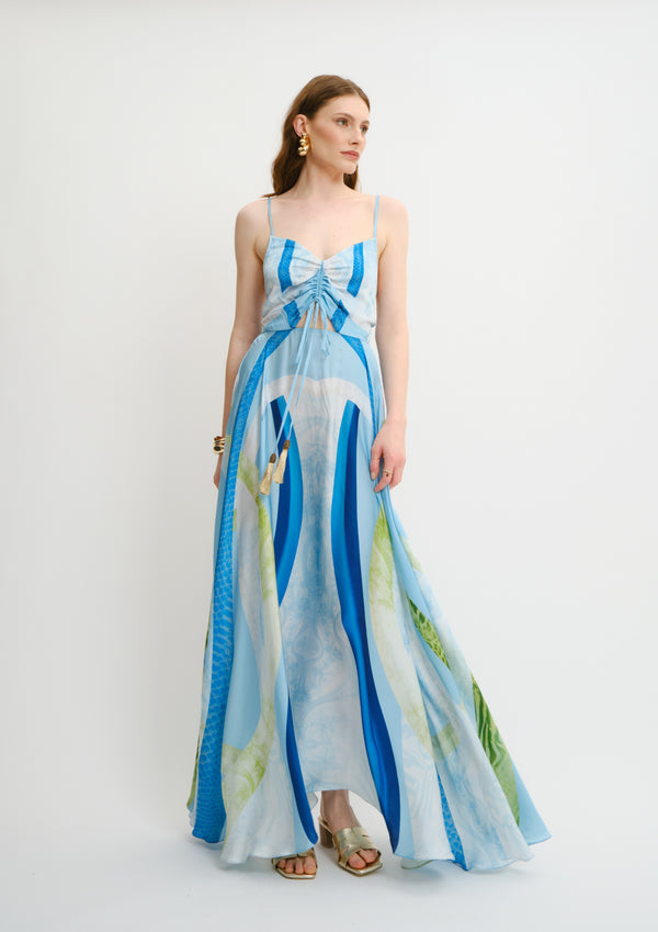 blue bow maxi dress Innovare Denim Ilyan Sleeveless Bow Maxi Dress In Blue, S