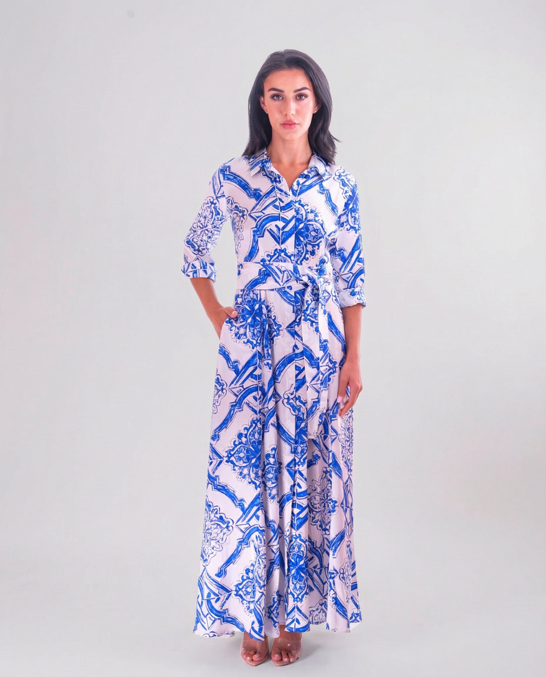 printed silk shirt dress Gray Printed Long Silk Shirt Dress