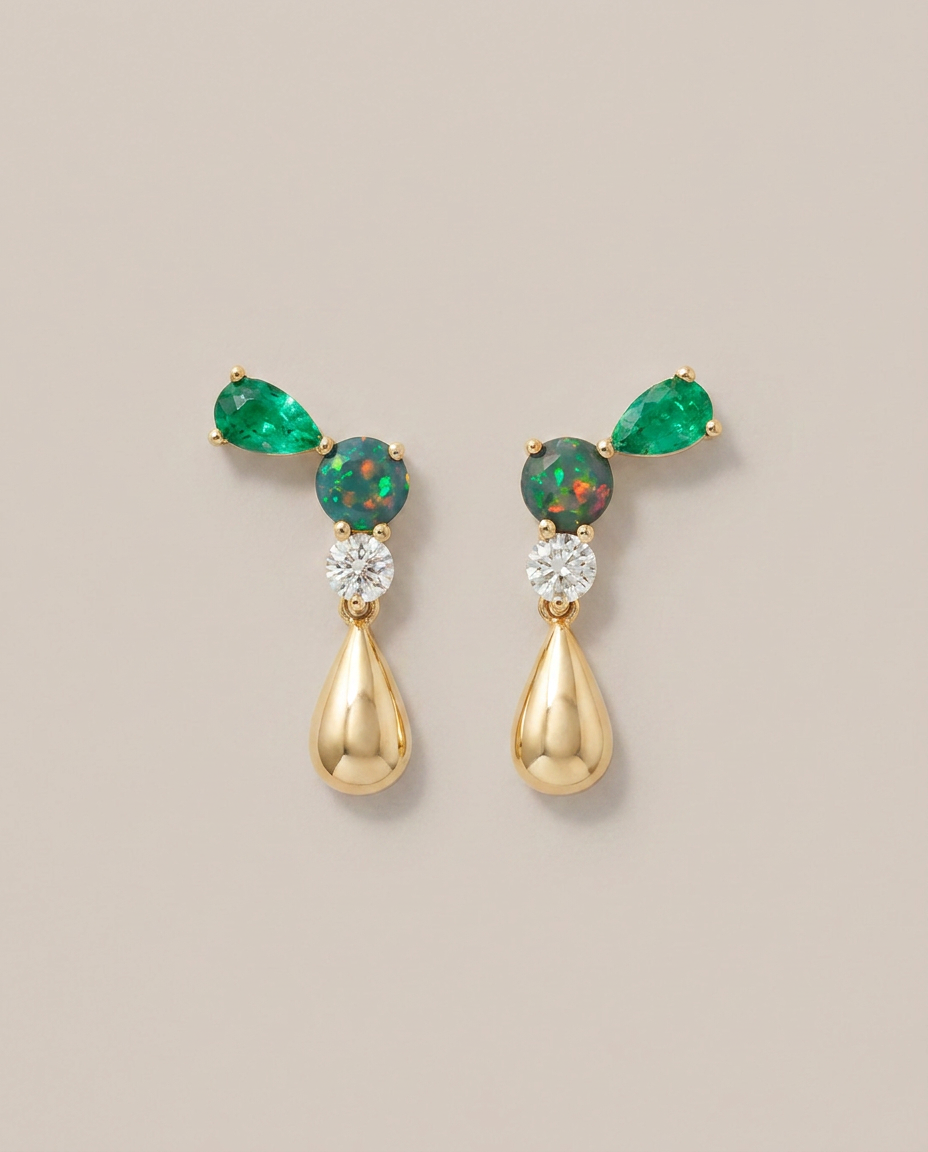 Skaska Diamond, Emerald and Black Opal Cluster Pear Drop Earrings