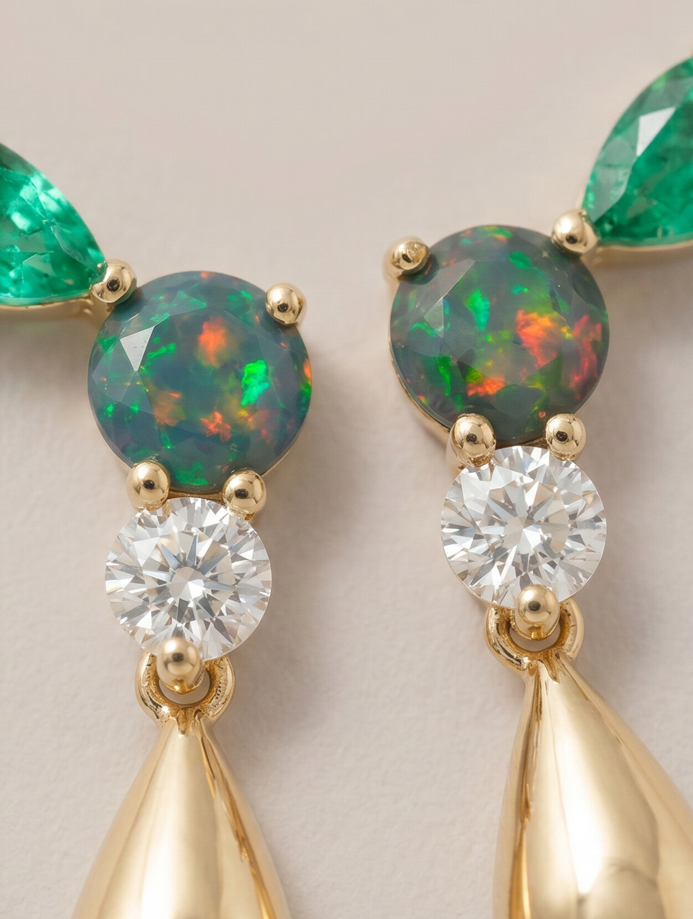 Skaska Diamond, Emerald and Black Opal Cluster Pear Drop Earrings