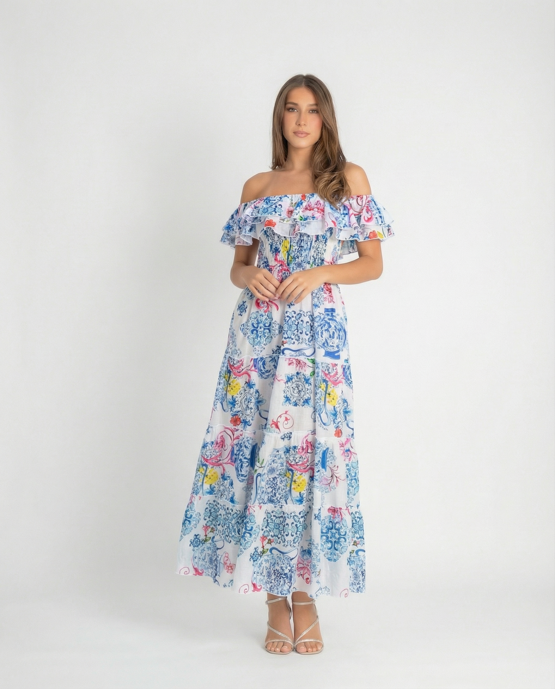 Positano Volant Linen Long Dress | Marina St Barth Maiolica Mix / One Size Positano Volant Linen Long Dress | Marina St Barth Maiolica Mix / One Size