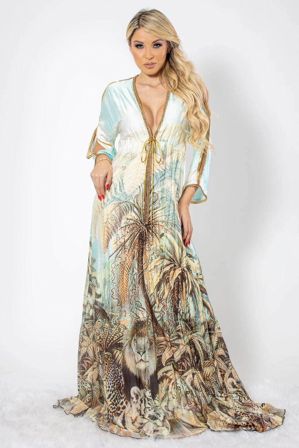 Jungle Print Silk Dress with Gold Crystals