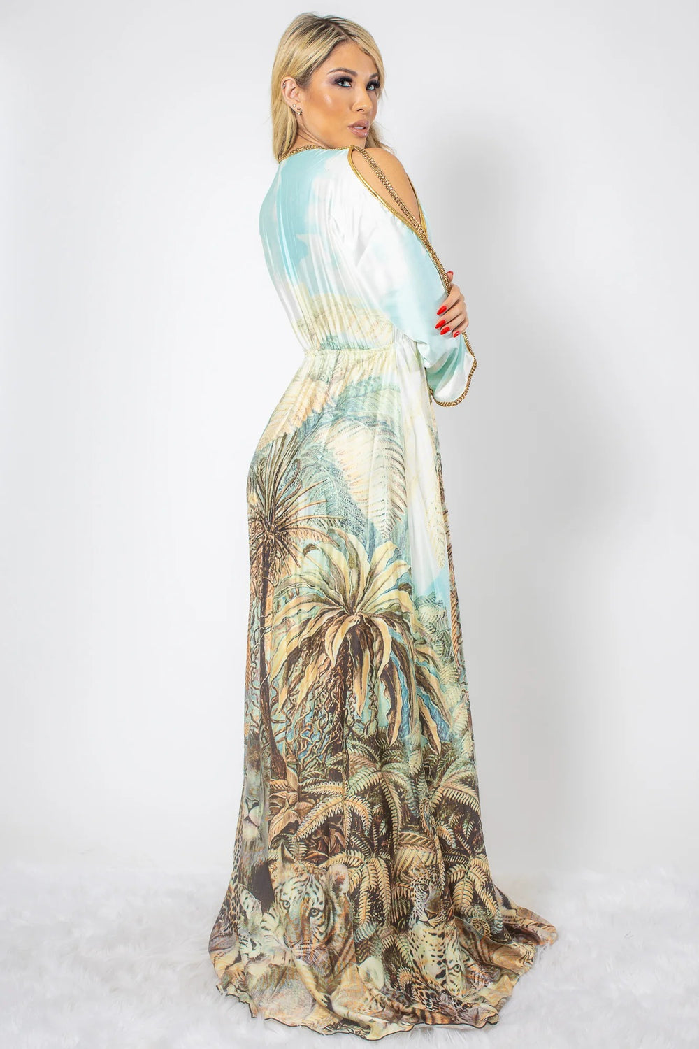 Jungle Print Silk Dress with Gold Crystals