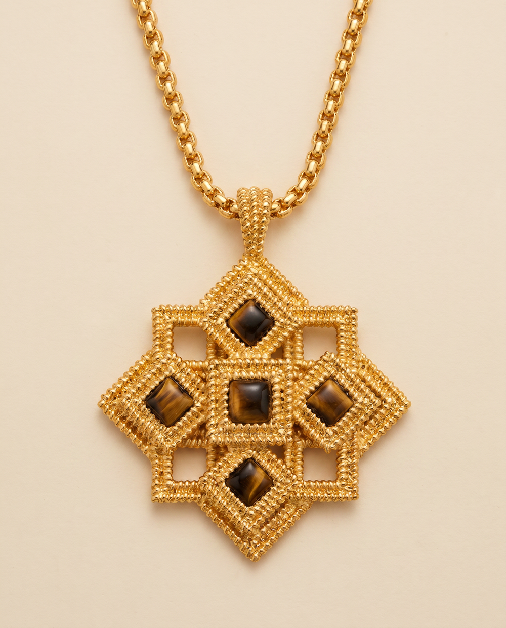 Tay Tiger's Eye Set Ropetwist Diamonds and Squares Pendant