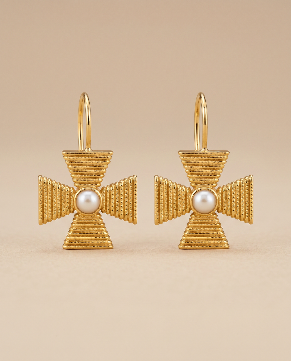 Tay Pearl Set Wirewrap Maltese Cross Eardrops