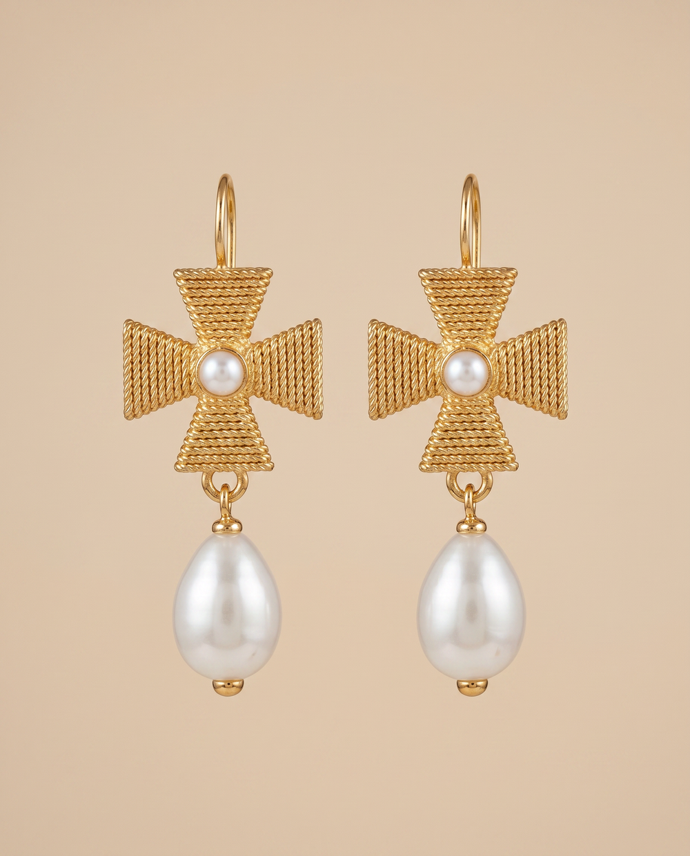 Tay Pearl Set Wirewrap Maltese Cross Eardrops With Pearl Drops