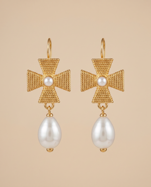 Tay Pearl Set Wirewrap Maltese Cross Eardrops With Pearl Drops