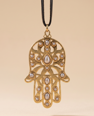 Tay Silver & Gold Hamsa pendant on leather strap