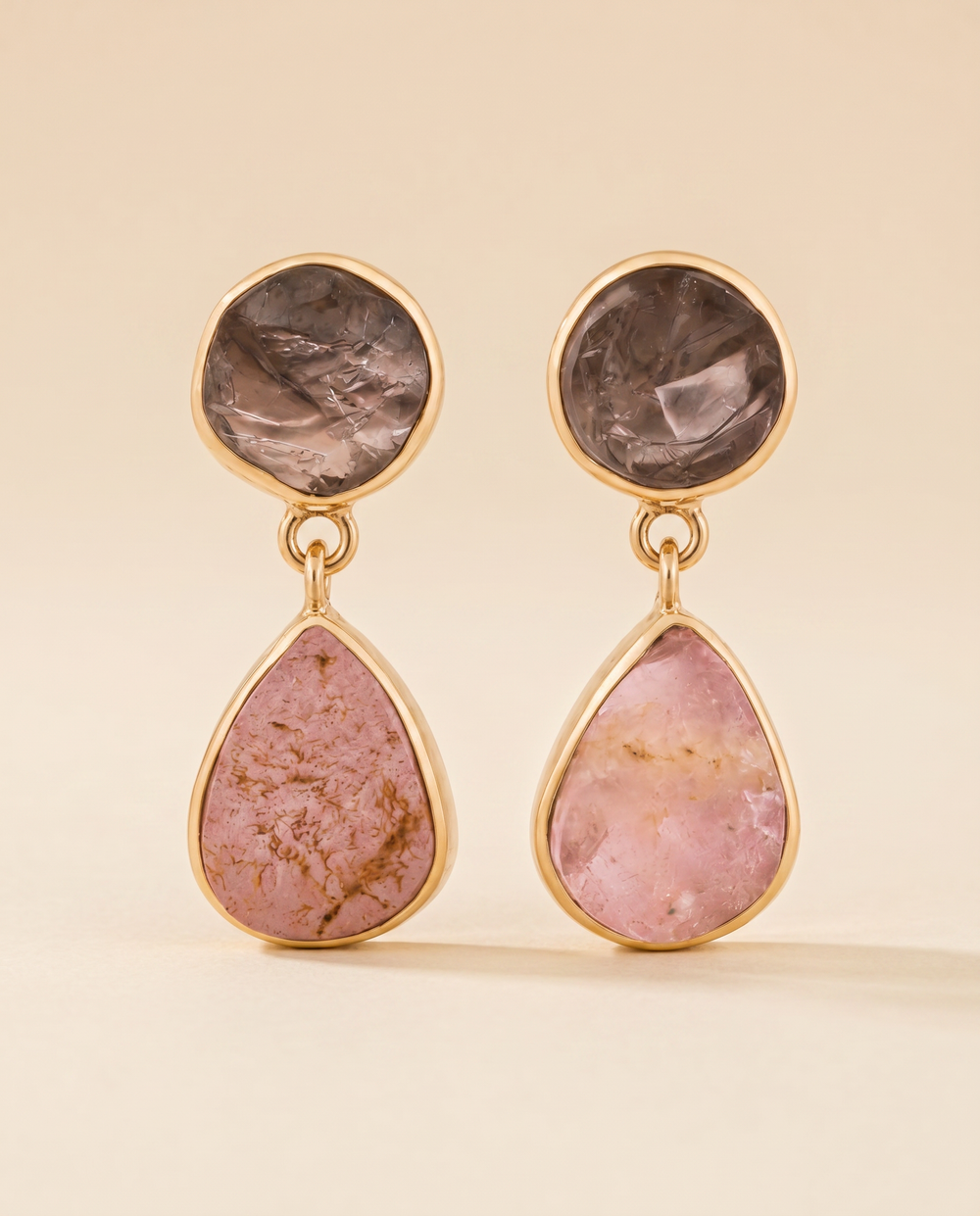 Lassanai Rose Quartz + Smoky Quartz Studs Gold